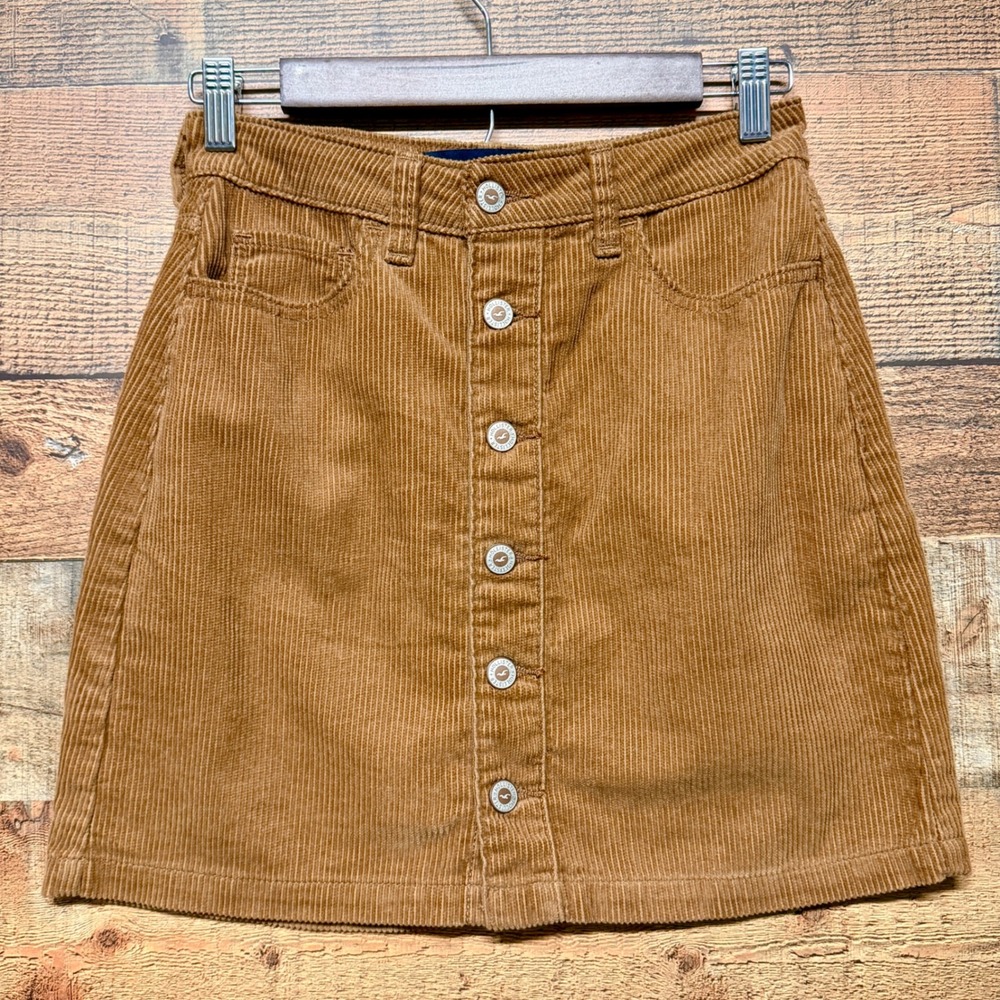 Hollister Brown Corduroy Button Front Mini Skirt Ultra High Rise Tan Size 3 W26